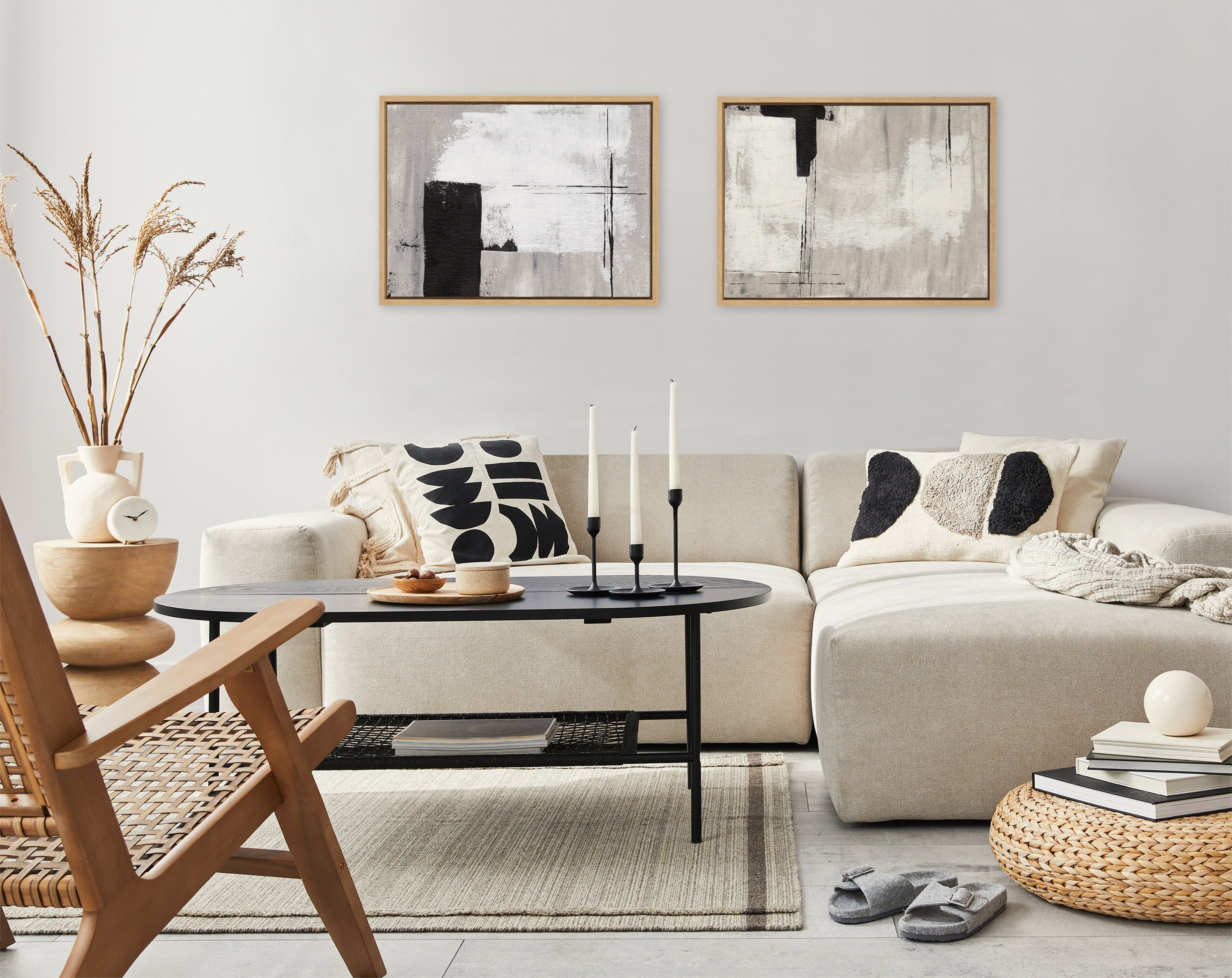 Sylvie Line 1 Left and Right Neutral Linen Framed Canvas Art Set by Nikita Jariwala