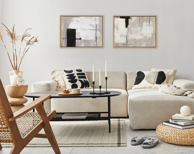 Sylvie Line 1 Left and Right Neutral Linen Framed Canvas Art Set by Nikita Jariwala