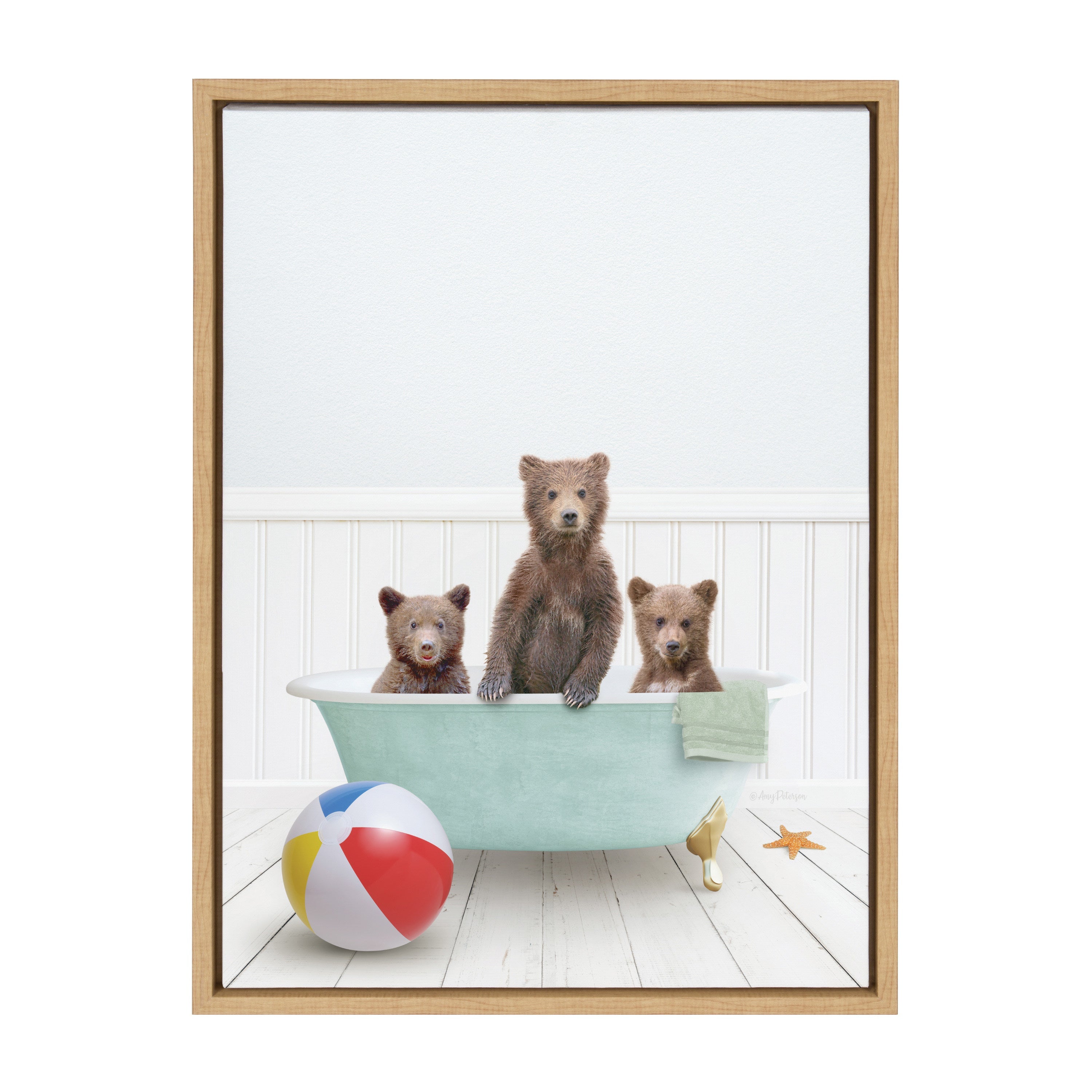 Sylvie Three Bear Cubs In Beach House Bath Framed Canvas by Amy Peterson