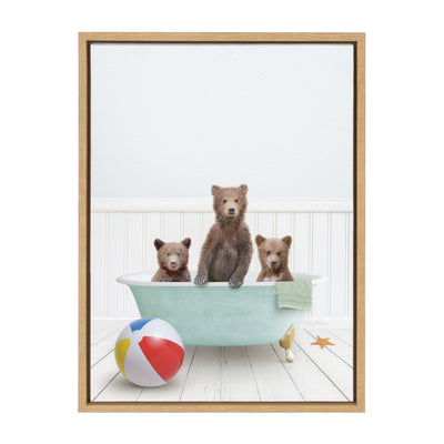 Sylvie Three Bear Cubs In Beach House Bath Framed Canvas by Amy Peterson