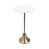 Small table with a white scalloped marble top and slender brass metal pedestal base with a flared bottom.