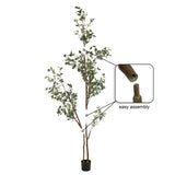 Tall faux eucalyptus tree with green leaves on multiple branches in a black cylindrical pot, featuring a close-up inset showing a simple interlocking branch assembly detail.