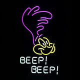 Neon sign featuring a stylized purple rooster head above yellow bird eyes and beak with white glowing text reading 'BEEP! BEEP!' on black background.