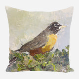 Painterly depiction of a robin perched among green leafy branches, featuring textured gray, brown, and yellow brushstrokes on a pale background.