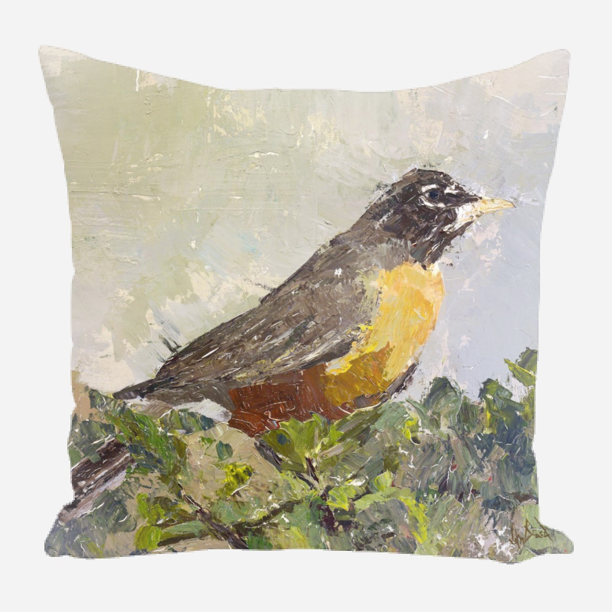 Painterly depiction of a robin perched among green leafy branches, featuring textured gray, brown, and yellow brushstrokes on a pale background.