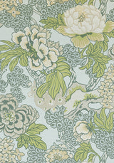 Floral patterned fabric with large cream and pale green blossoms, leafy green vines, and light blue-gray background detailing in a vintage botanical style.
