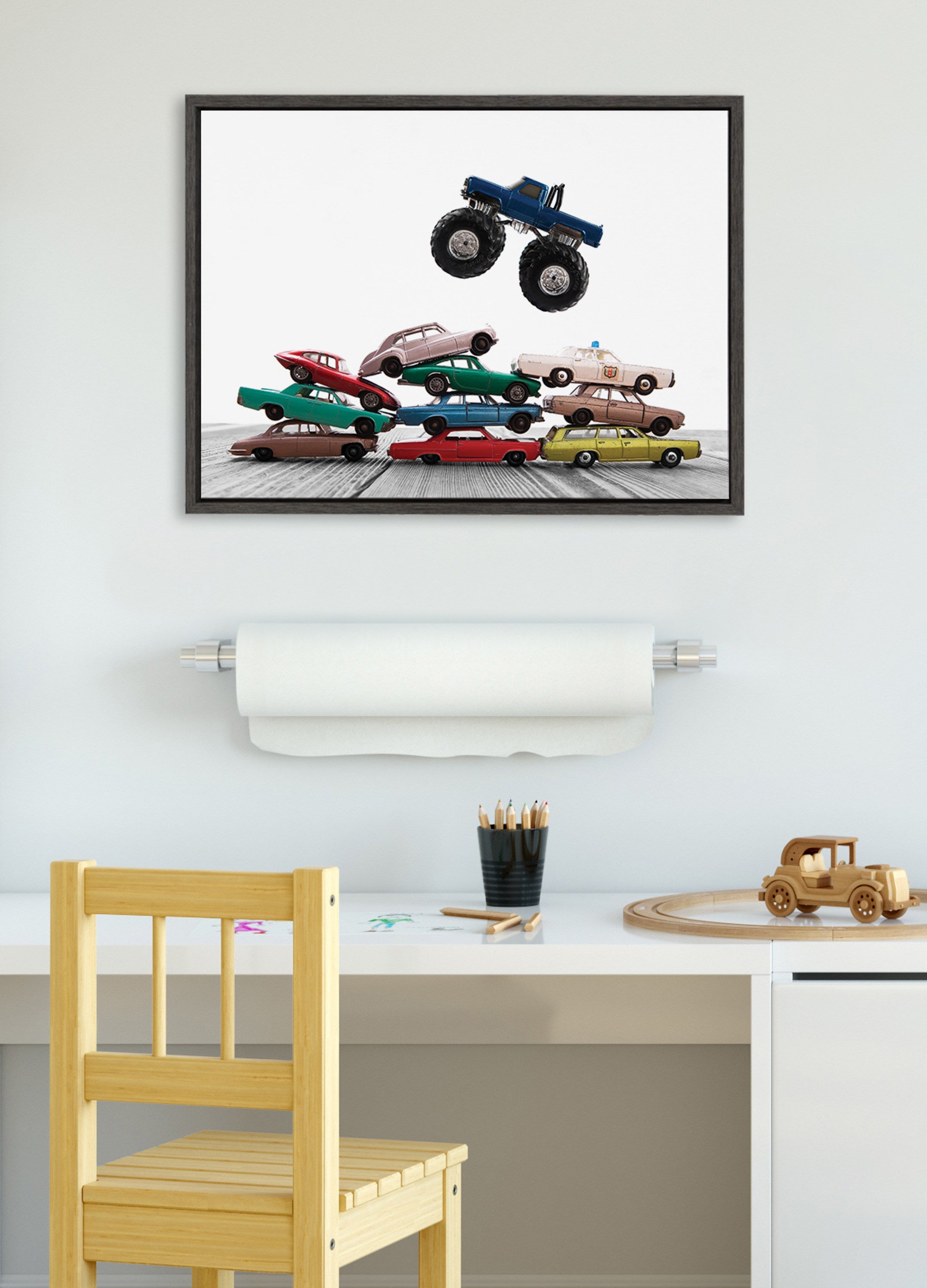 Sylvie Vintage Stacked Matchbox Cars and Monster Truck Framed Canvas by Saint and Sailor Studios