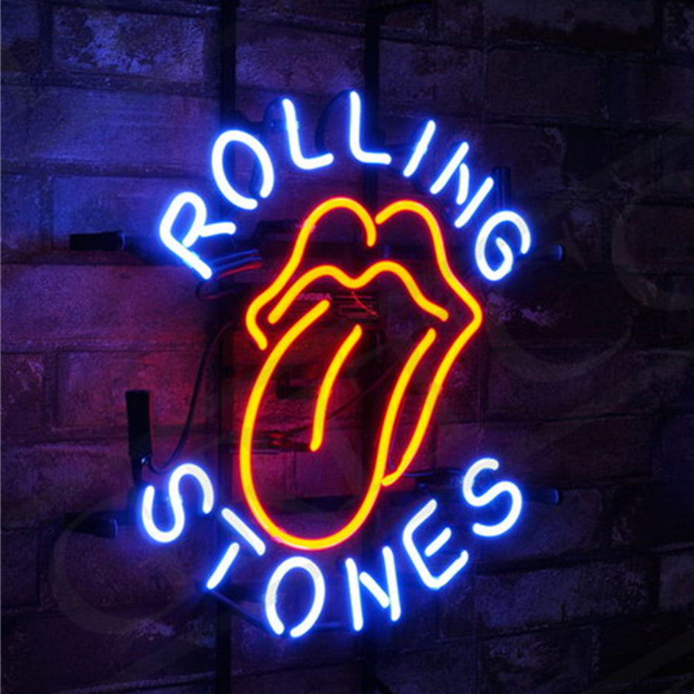 Blue Rolling Stones Neon Signs Light glowing in a dim interior setting