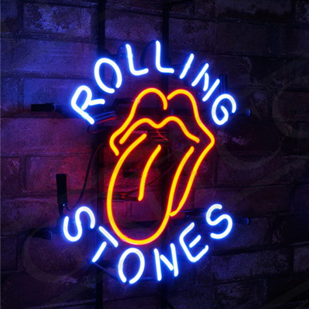 Blue Rolling Stones Neon Signs Light glowing in a dim interior setting