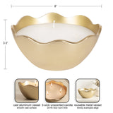 Gold-colored metal bowl with a scalloped edge holding a white 3-wick candle, measured 8 inches wide and 3.5 inches tall, shown with smooth cast aluminum surface