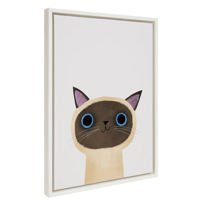 Sylvie Siamese Cat framed canvas art by Planet Cat showing a stylized Siamese cat in soft tones inside a white modern frame.