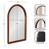 Arched wall mirror with a warm walnut finish frame featuring a stepped edge and rounded bead detail along the perimeter, measuring 30 by 20 inches