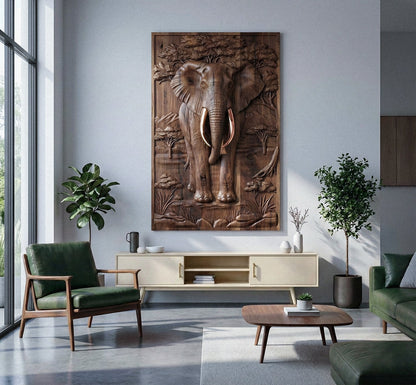 Majestic African Elephant 3D relief wood wall art with gold leaf tusks