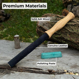 Round leather strop with ash wood handle for knife sharpening
