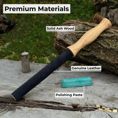 Round leather strop with ash wood handle for knife sharpening