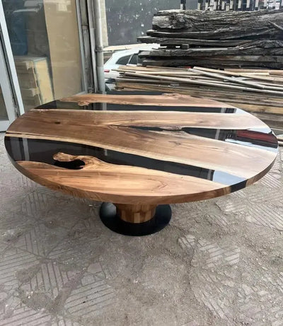 Round epoxy resin dining table with walnut wooden tulip base