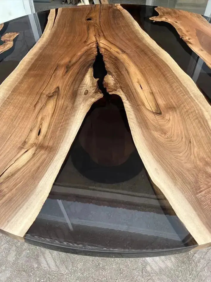 Round epoxy resin dining table with walnut wooden tulip base