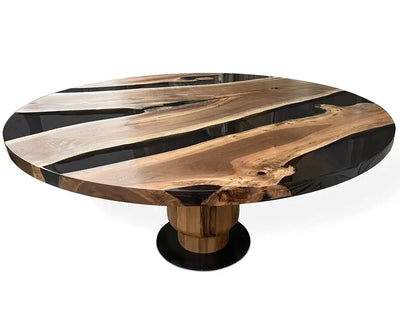 Round epoxy resin dining table with walnut wooden tulip base