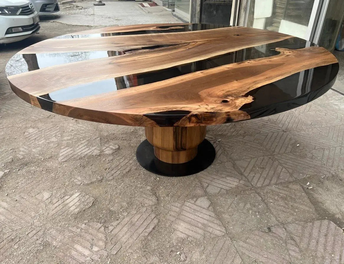 Round Epoxy Resin Table with Wooden Tulip Base Made of Walnut by Gizz - product image 10 for Resin Society