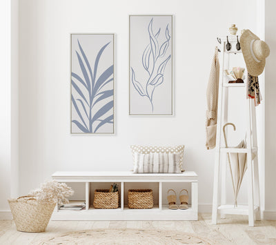 Sylvie Muted Illustrated Botanical Light Blue and Beige Framed Canvas by The Creative Bunch Studio