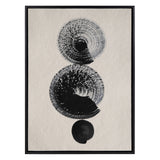 Abstract artwork featuring three vertically aligned circular forms in black and beige tones on textured canvas with a thin black frame.
