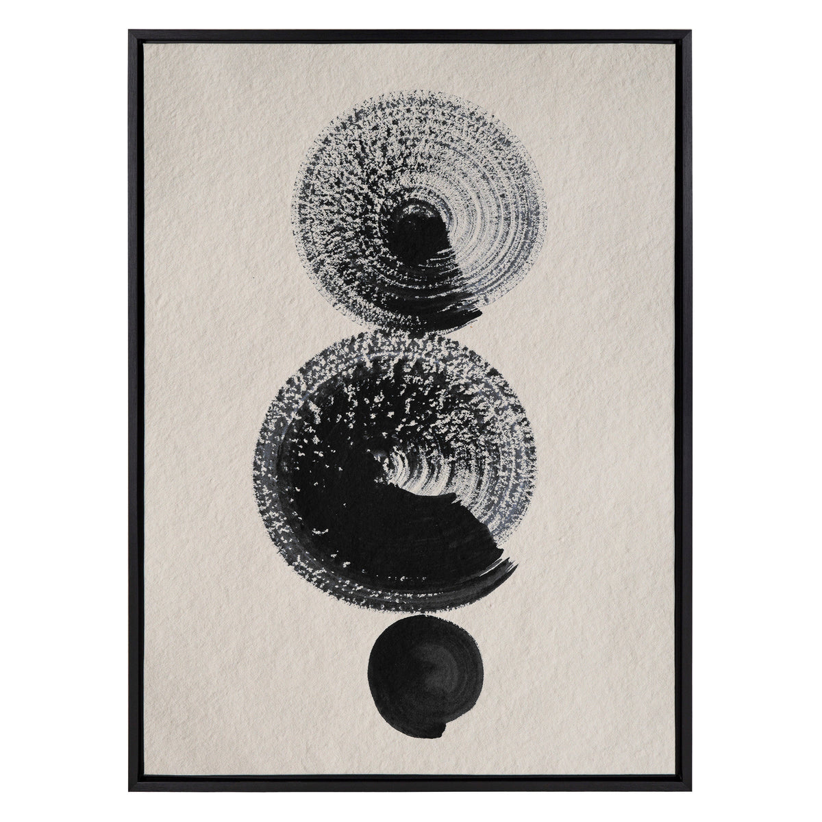Abstract artwork featuring three vertically aligned circular forms in black and beige tones on textured canvas with a thin black frame.