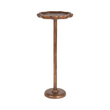 Tall wooden drink table with a scalloped circular top and slender central pedestal base finished in warm brown wood tone.