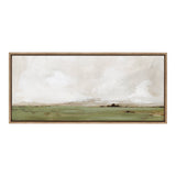 Framed horizontal canvas depicting a muted green landscape under a cloudy beige and white sky with faint hills and a small dark cluster of trees on the horizon.