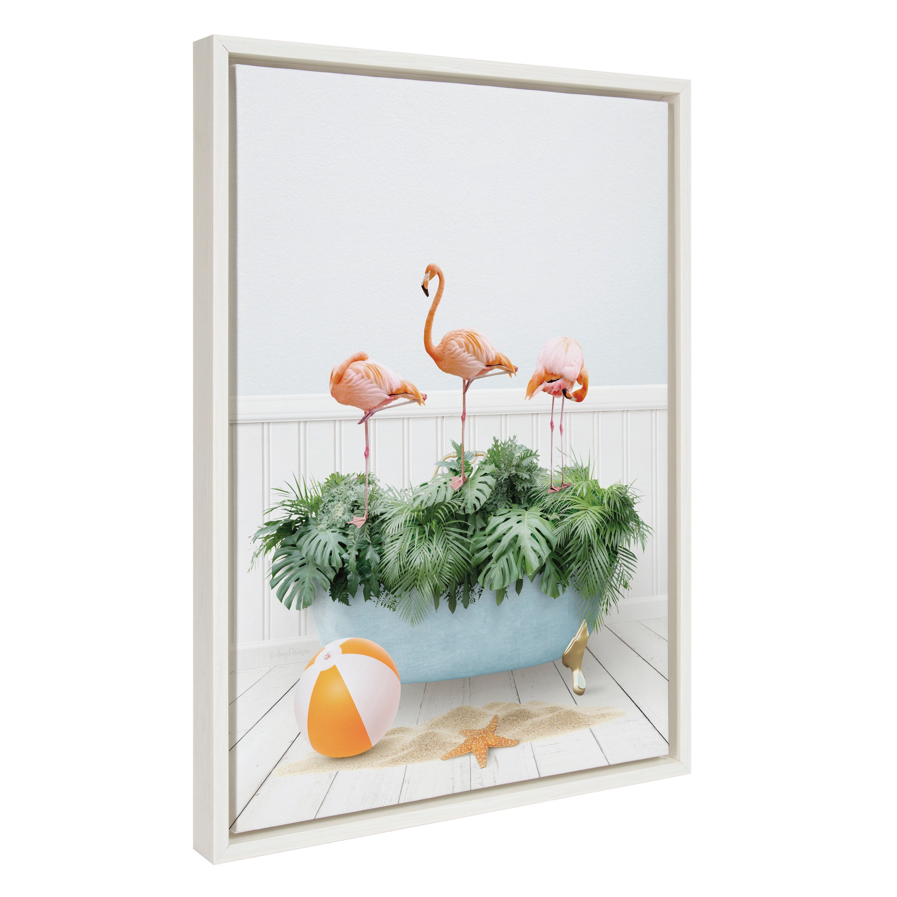 Sylvie Three Flamingos Beach House Bath framed canvas art depicting three flamingos soaking in a beach house bath, framed in natural-colored lightweight polystyrene.