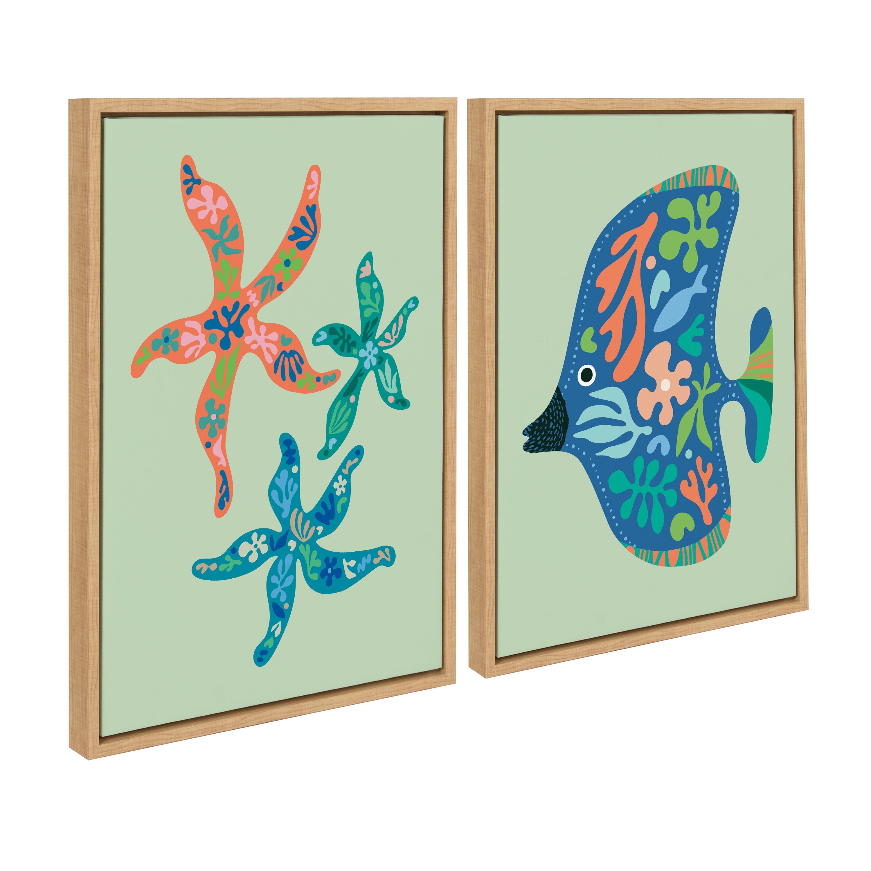 Sylvie Modern Colorful Starfish and Tropical Fish Framed Canvas Art Set by Rachel Lee