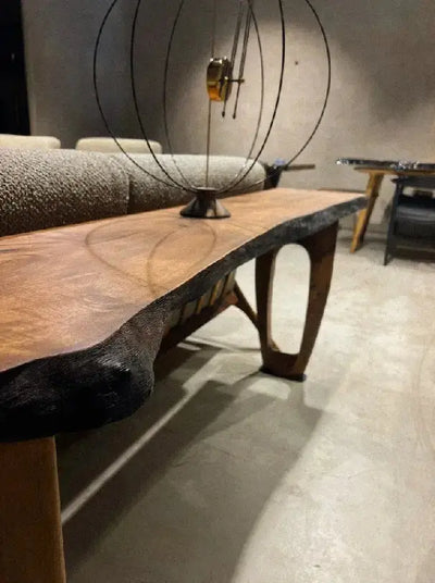 Rustic Walnut Console Table with live edge and handcrafted curved wooden legs