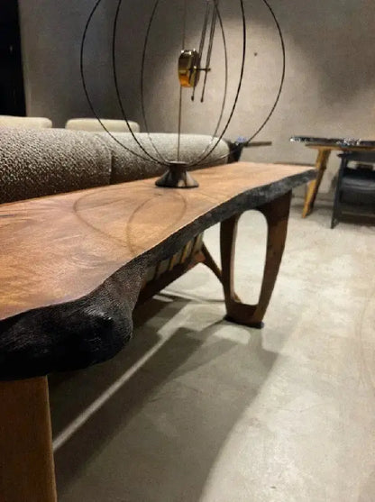 Rustic Walnut Console Table with live edge and handcrafted curved wooden legs
