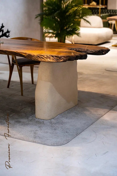 Wabi Sabi style solid walnut wood dining table with stone-inspired legs