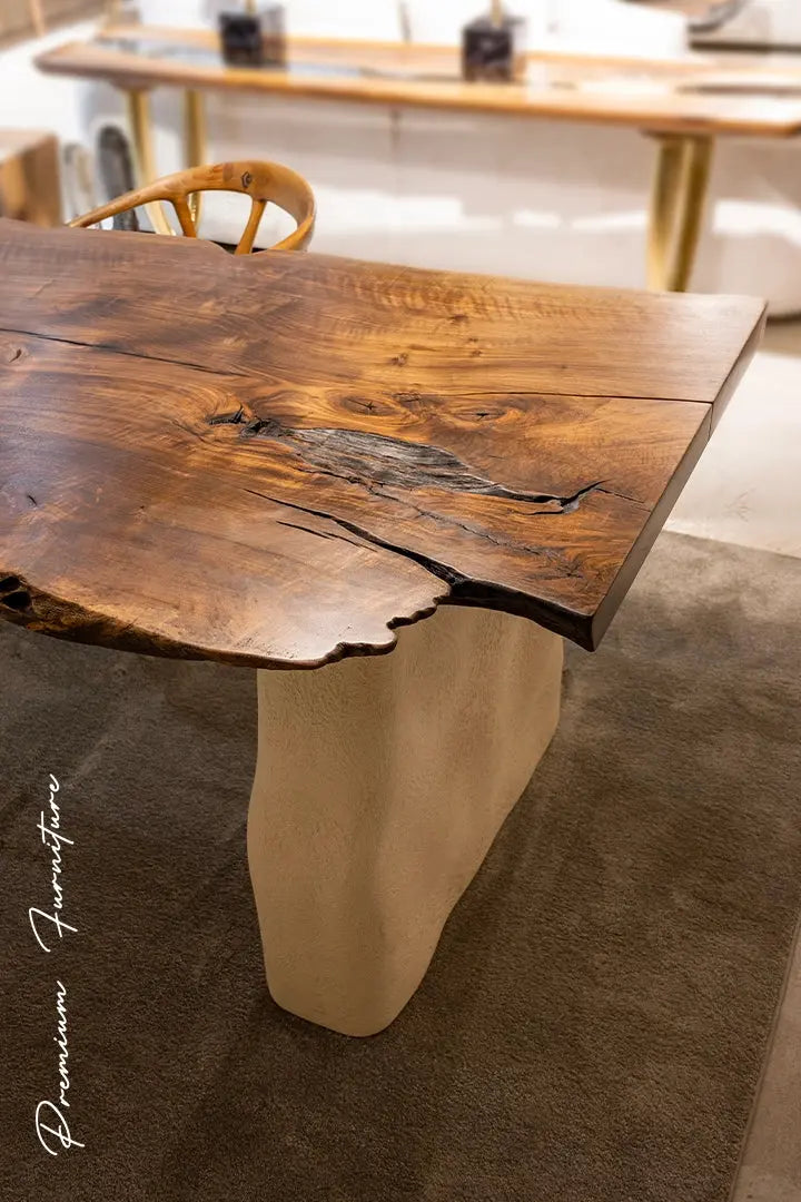 Wabi Sabi style solid walnut wood dining table with stone-inspired legs