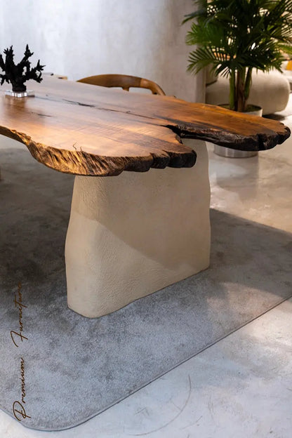Wabi Sabi style solid walnut wood dining table with stone-inspired legs
