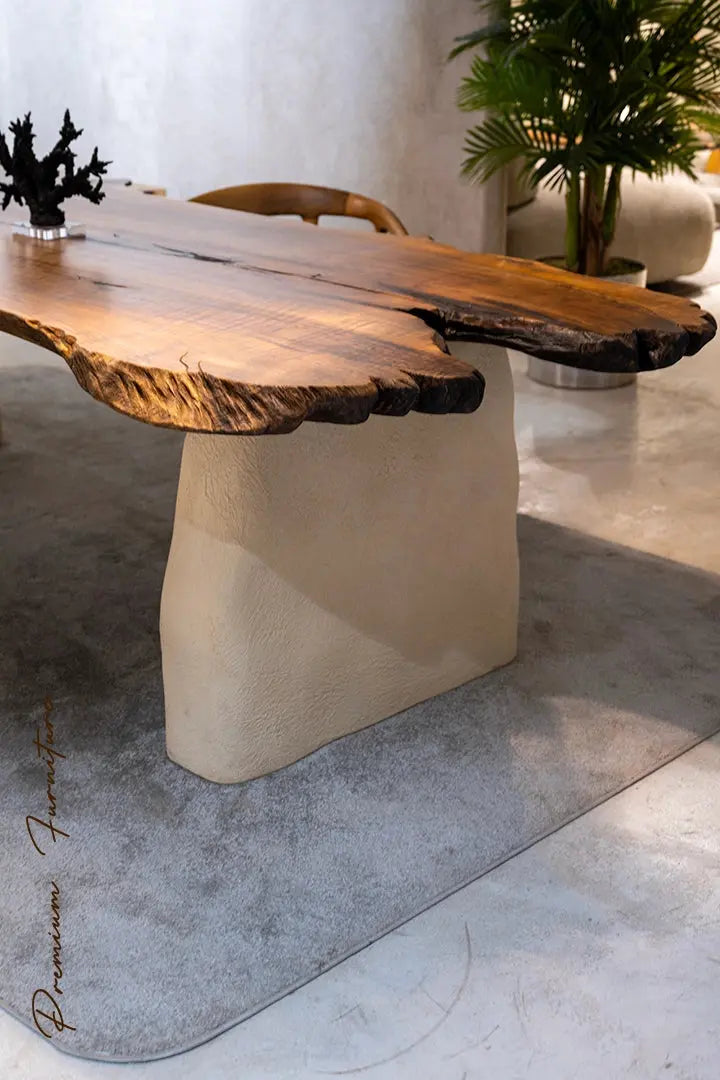 Wabi Sabi style solid walnut wood dining table with stone-inspired legs