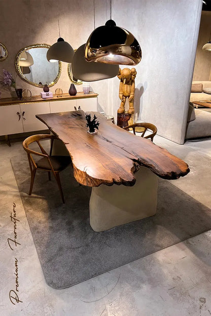Wabi Sabi style solid walnut wood dining table with stone-inspired legs