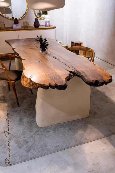 Wabi Sabi style solid walnut wood dining table with stone-inspired legs