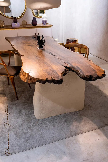 Wabi Sabi style solid walnut wood dining table with stone-inspired legs