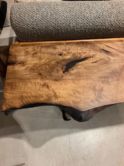 Rustic Walnut Console Table with live edge and handcrafted curved wooden legs