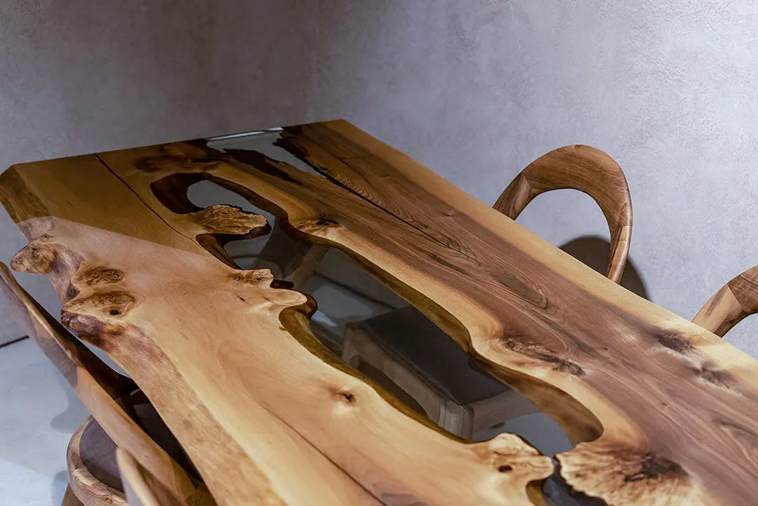 Live edge rustic epoxy resin river dining table made of walnut wood