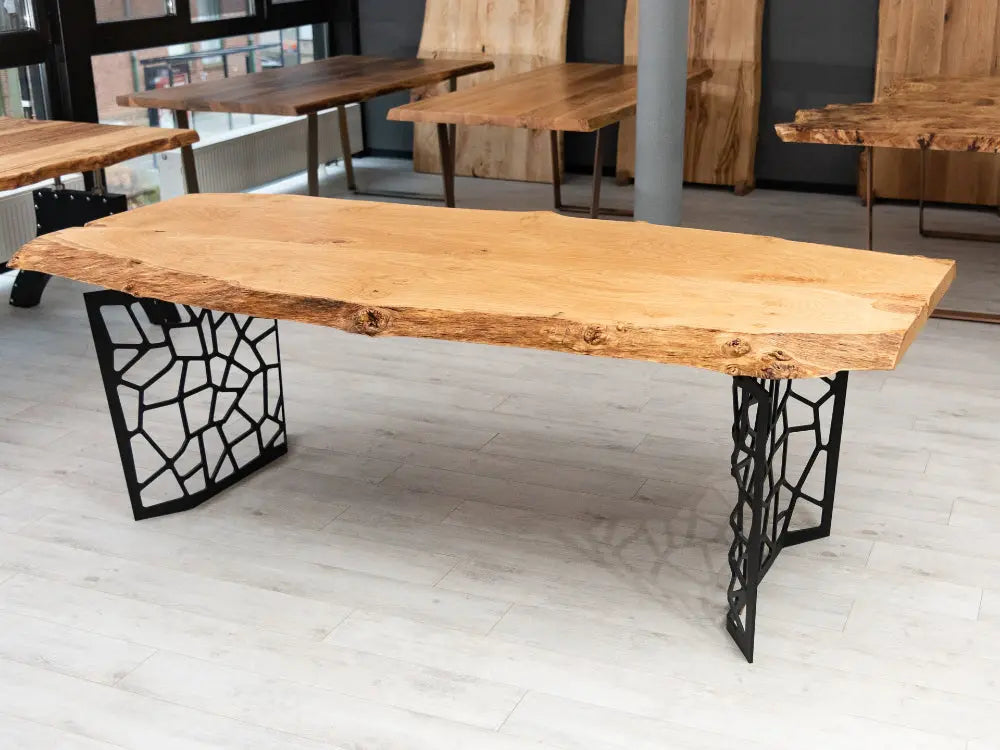 Resin Walnut River Dining Room Table with Voronoi epoxy resin river and laser-cut metal legs