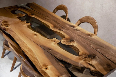 Live edge rustic epoxy resin river dining table made of walnut wood