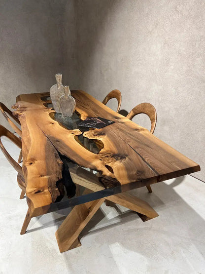 Live edge rustic epoxy resin river dining table made of walnut wood
