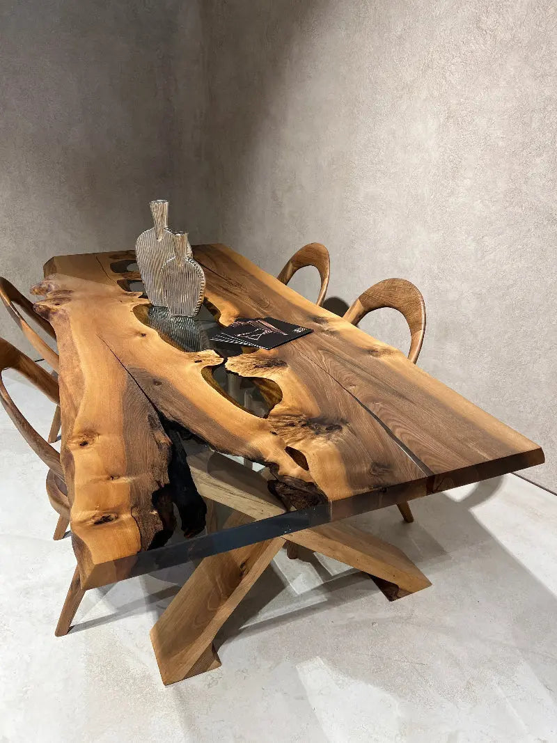 Live edge rustic epoxy resin river dining table made of walnut wood