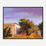 Painting of a rusty red truck partially hidden by dense yellow-green trees beside a beige building and a small shed under a lavender-hued sky.
