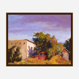 Painting showing a rusty red truck partially hidden by dense green and yellow foliage, beside a beige building under a purple and blue sky.