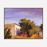 Oil painting of a red rusty truck partially hidden by vibrant green and yellow bushes next to a beige building under a purple and blue sky.
