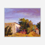 Painting of a red rusty truck partially hidden by dense green and yellow foliage next to light beige buildings under a purple-toned sky.
