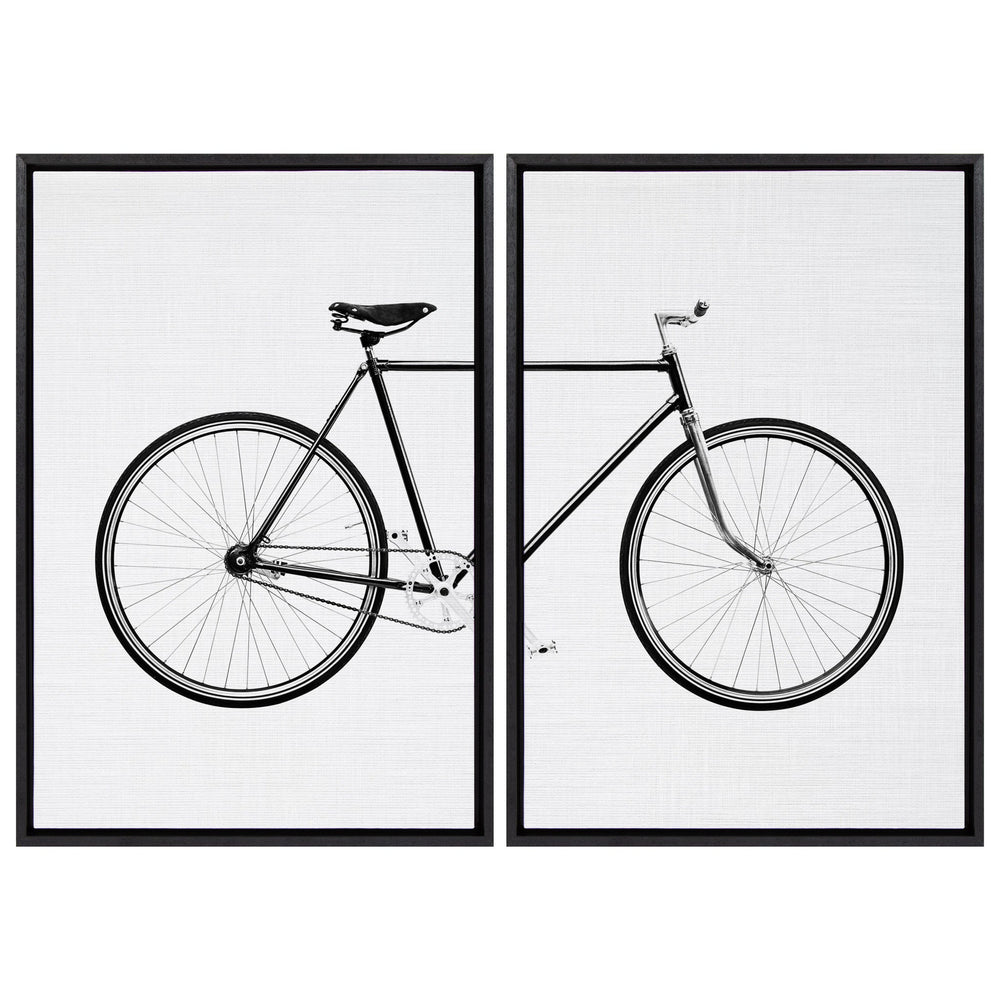 Two-panel black and white framed canvas of a minimalistic bicycle showing rear wheel and saddle on left, front wheel and handlebars on right against white background.